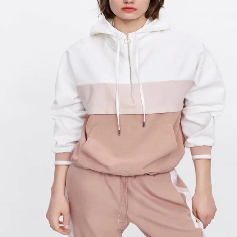 

Women za Sports Jacket With Hooded Contrast Color Stitching Kangaroo Pocket Jogging Pullover Sport Morning Running Coat