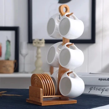 

Creative Ceramic coffee cup and saucer set Flower Tea Cup Household Cup with 6 sets of shelves with hanging cups WJB32701
