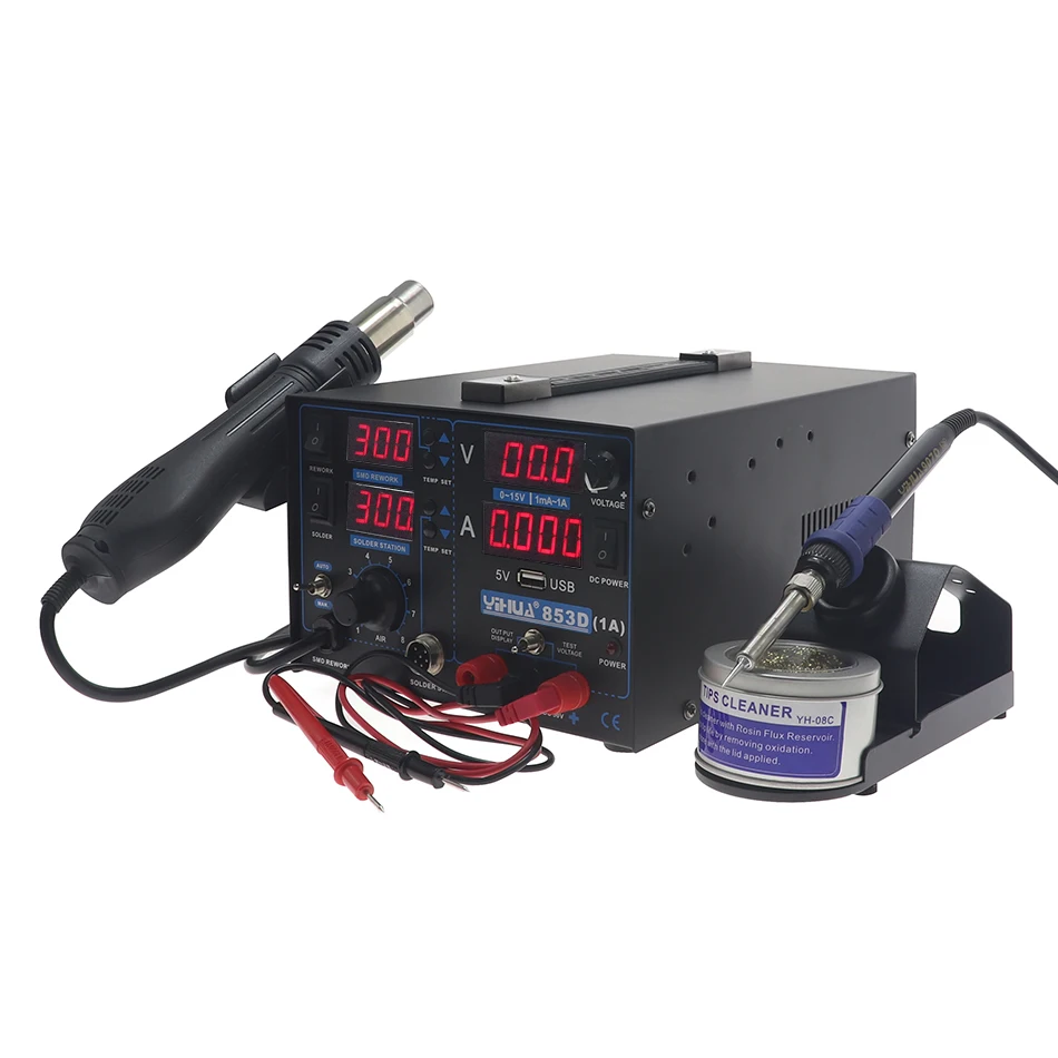 US $128.59 YIHUA 853D Soldering Station Rework Station 4 in 1 Hot Air Gun Soldering Iron USB Output 15V 1A DC Power Supply BGA Welding Tool