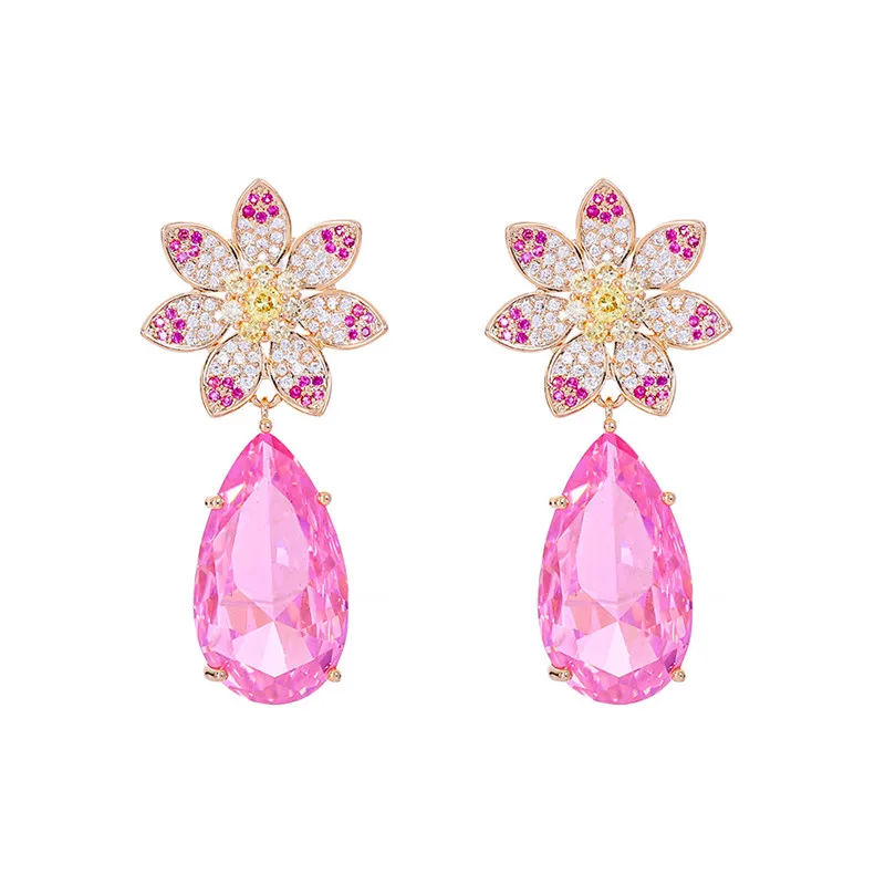 

Colorful Cubic Zirconia Flower Water Drop Earrings for Women 925 Silver Needle Shining CZ Stone Eardrop Luxury Brand Jewelry