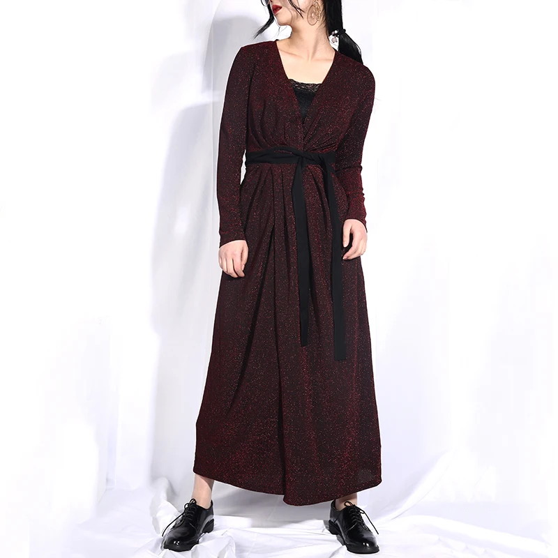 

Fashion Tide Woman Spring V Collar Adjustable Waist Bandage Shining Windbreaker Female Trench Fashion Wine Red Loose Coat JO572