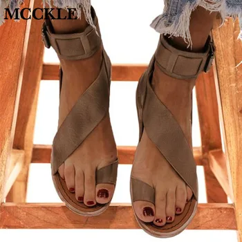

MCCKLE Women Buckle Strap Beach Sandals Summer Flats Casual Shoes Woman Open Toe PU Flat Fashion Sandalias Mujer Sapato Feminino