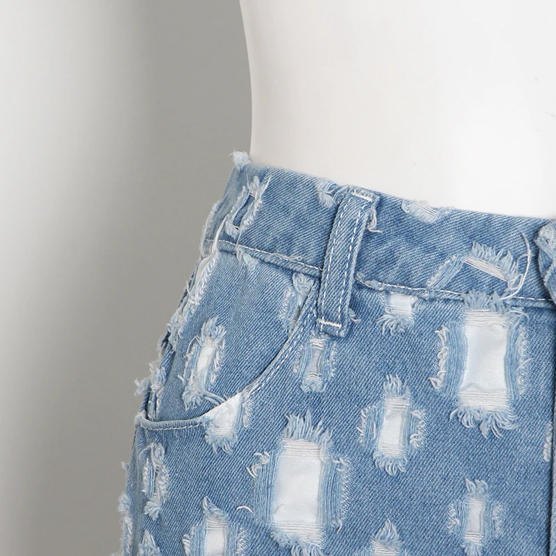 TWOTWINSTYLE Hole Hollow Out tassel Denim Trousers Women High Waist Streetwear straight slim Pants 2020 Summer Fashion New