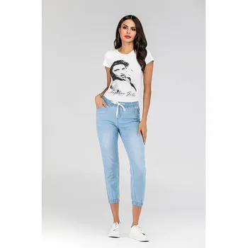 

2020 Women's Summer European and American Latest Lace-up Washed Leggings Denim Cropped Pants