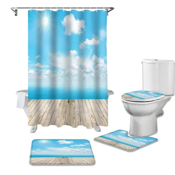 

Blue Sky Blue Sea Wooden Planks Shower Curtains Set Bathroom Waterproof Shower Curtain Bathroom Set with Shower Curtain and Rugs