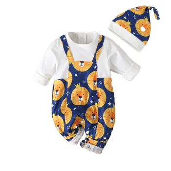 

Baby Boys Girls Jumpsuit Spring Summer Infant Baby Lion Printed Suspender Jumpsuit Newborn Unisex Cartoon Bodysuit+hat Set #LR5