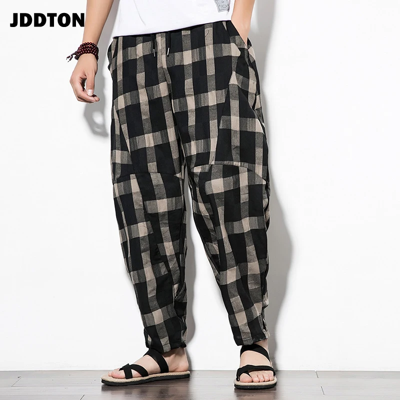 JDDTON мужские льняные шаровары в клетку повседневные Мешковатые Свободные Брюки