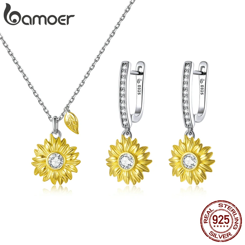 Sommer-Schmuck! Vergoldete Sonnenblumen, Halskette und Ohrringe | 925 Silber Schmuck-Sets