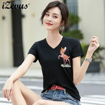 

IZEVUS 2020 New Hand Beaded V-neck Plum blossom deer embroidery Short Sleeve T-shirt Women's Fashion Casual Top