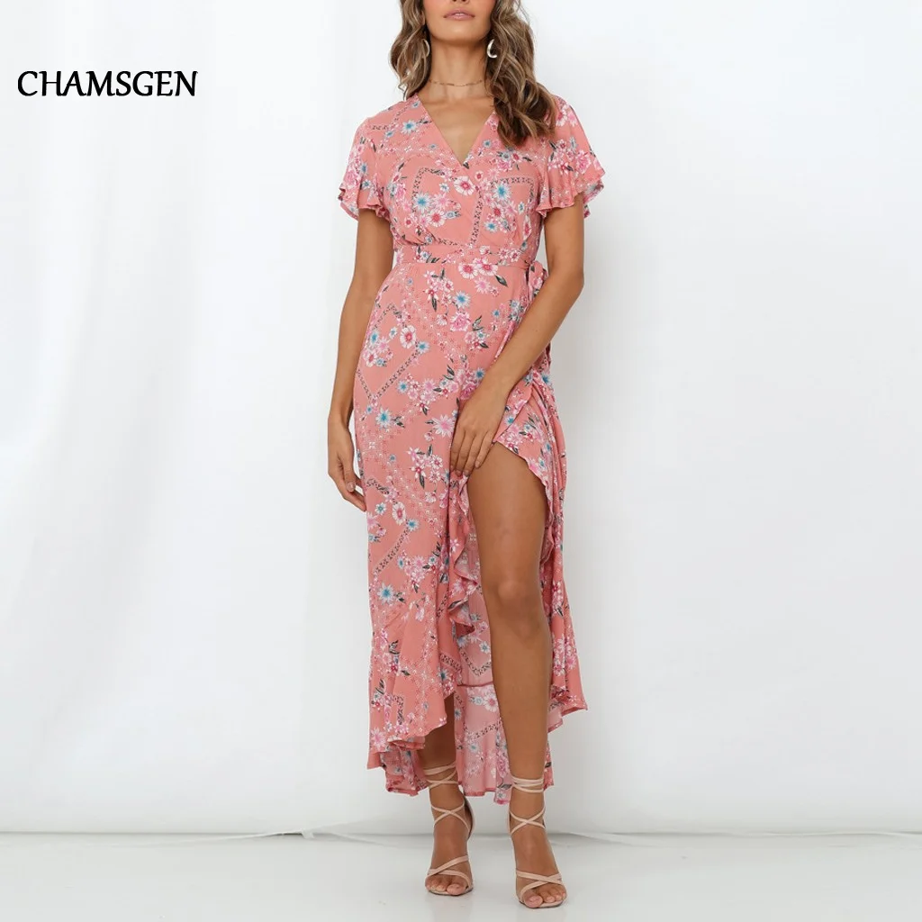 CHAMSGEND/женское сексуальное платье с v-образным вырезом и коротким рукавом