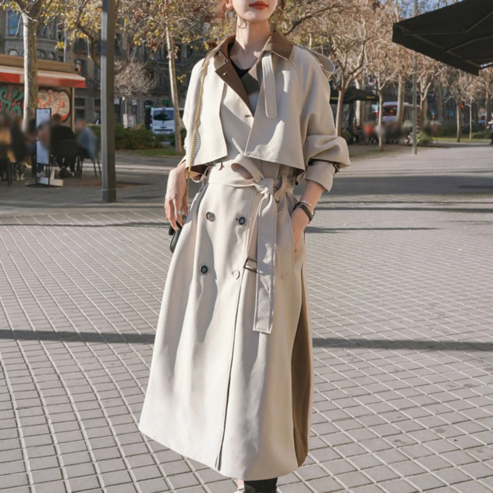 

Korean Style Ladies Office Casual Trench Coat Fashion Patchwork Double-Breasted Belt Long Overcoat Women Windbreaker Autumn