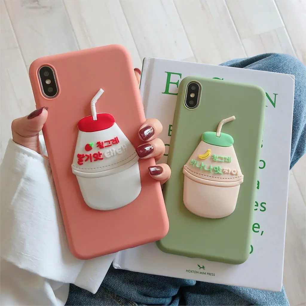 

Lovely Cartoon 3D Korean Milk Fruit Drinks Phone Case For iPhone 6 6S 7 8 Plus X Xs MAX XR Painted Pattern Soft TPU back cover