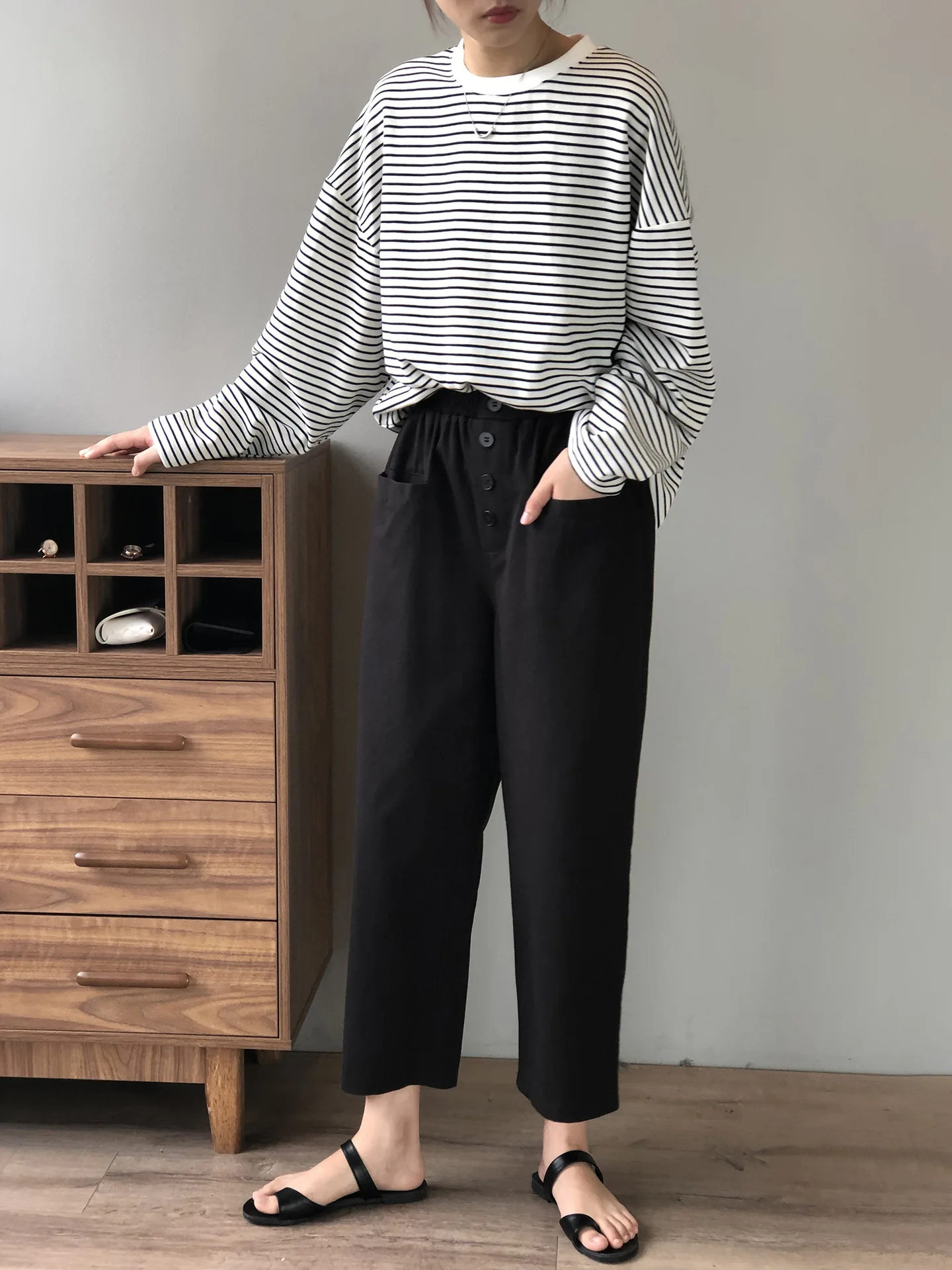 High Waist Wide Leg Pants Women 2020 Autumn New Korean Style Loose Solid Color Elastic Waist Casual Ankle-length Pants