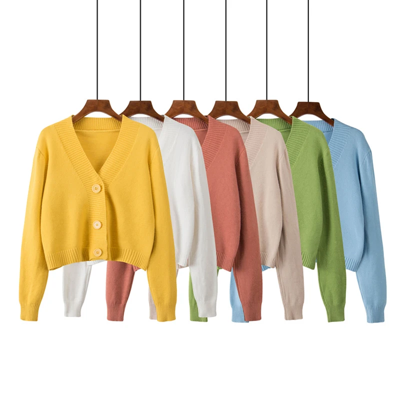PERHAPS U women sweater knitted long sleeve yellow white green blue apricot coral cardigans casual v neck short autumn M0289 |