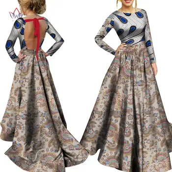 

African Long Sleeve Print Tops and Skirt Sets for Women Bazin Riche African Clothing 2pcs Backless Suede Long Skirt Sets WY5658