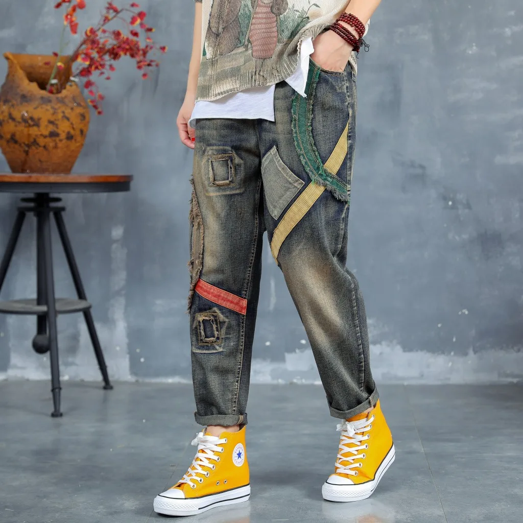 

2019 new tall waist elastic waist do old garment pants long cowboy pant Girl natural color matching