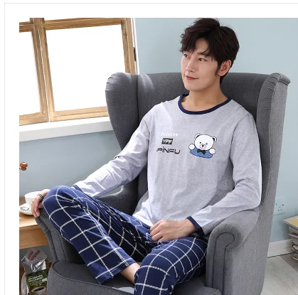 men pajama set Осенне-зимние мужские пижамы с длинными рукавами, хлопковые Пижамные комплекты в полоску с надписями и героями мультфильмов, повседневные мужские пижамы для отдыха и сна, L-XXXL Пижама - Цвет: men pajama set