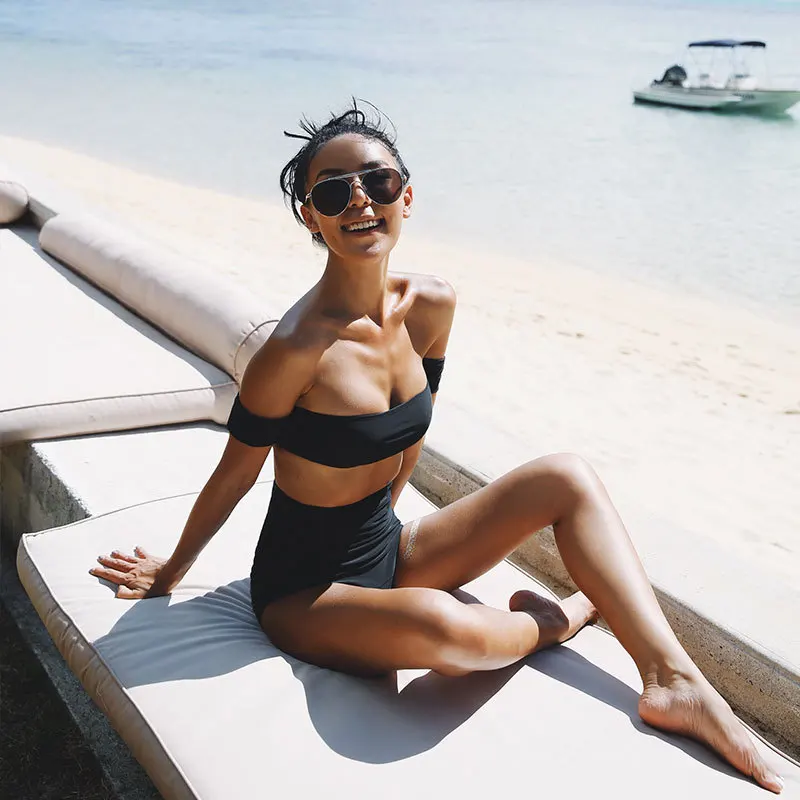 

2018 New Style Sexy Black And White with Pattern High-waisted Split Type Short Sleeve Bathing Suit Belly Covering Bandeau Swimwe