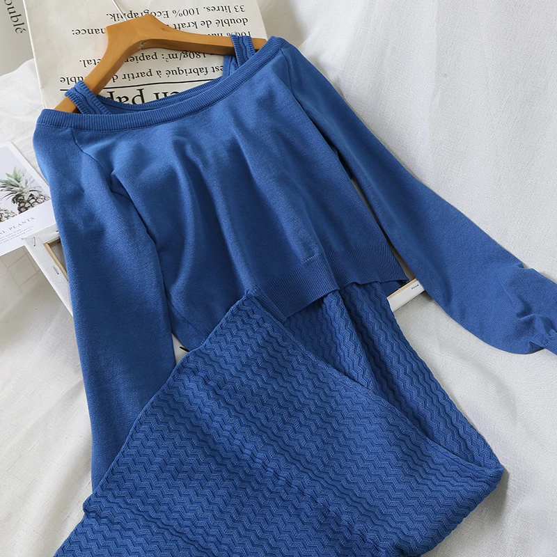 Комплект из двух предметов; сезон осень-зима; женское платье на бретелях+ свитер с длинными рукавами; комплекты женских длинных трикотажных платьев; Vestidos AB1662 - Цвет: Синий
