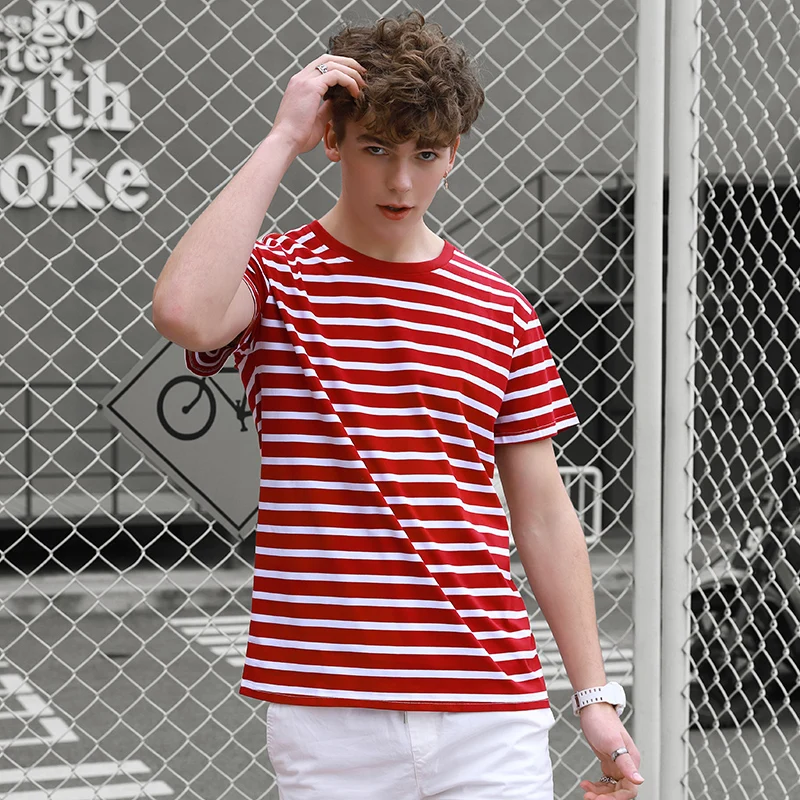 

Figure colors 2020 summer new 100% cotton stripe solid t-shirts men Casual o-neck basic t-shirt male high quality tops man tees
