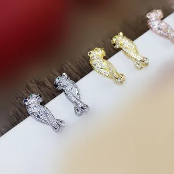 

Green Eyes Leopard Head Stud Earring 925 Sterling Silver Full Zircon Zircon Stone Panther Women Animal Earring Bridal Jewelry