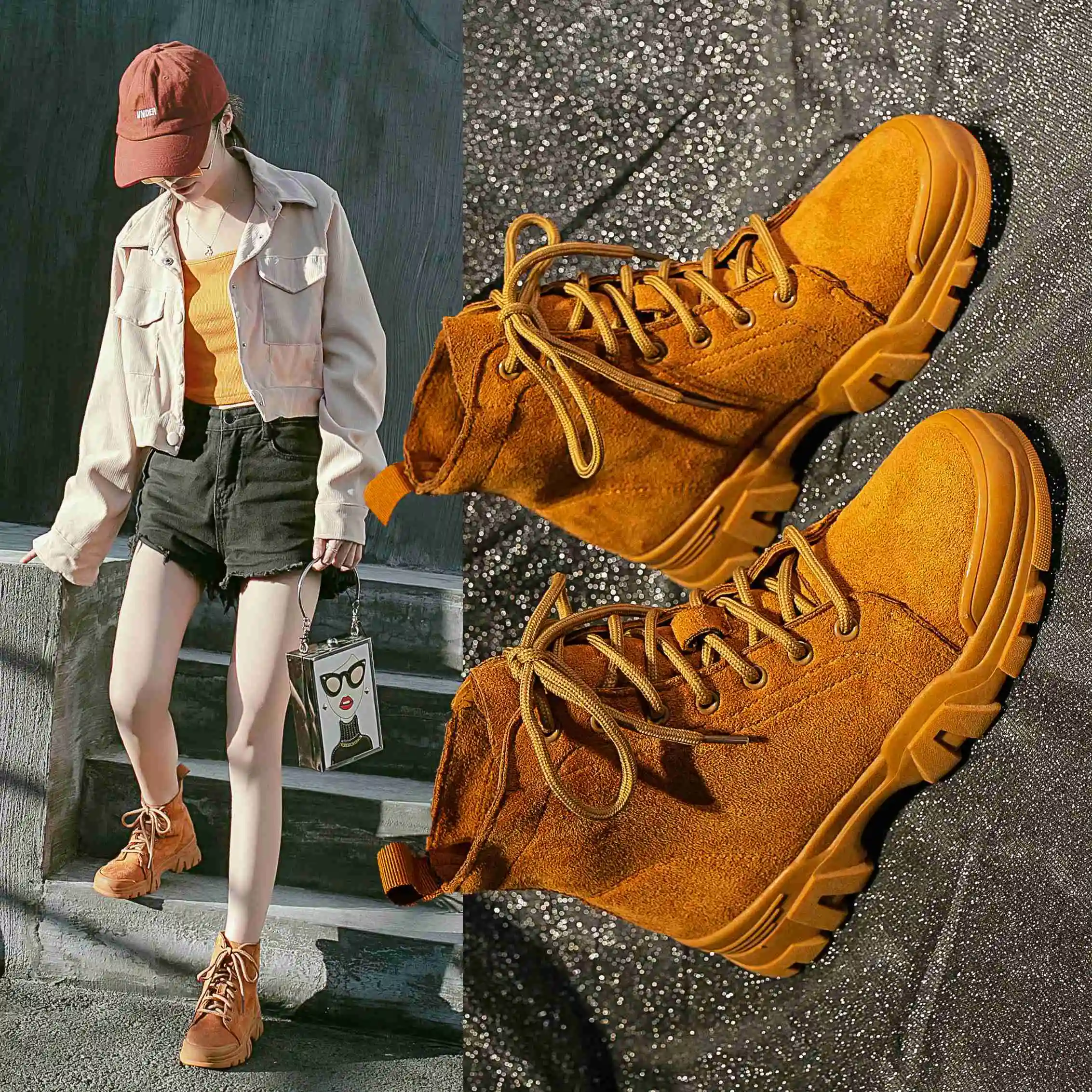 

Retro Women Martin Boots Breathable High-top Sports Shoes Height Increased Outdoor Female Ankle Platform Boots Hiking Boots