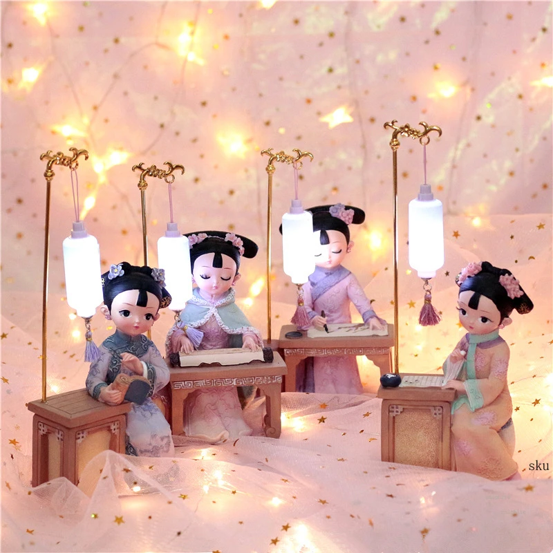 

Chinese Courtly Girl LED Night Lamp Retro Kids Bedroom Bedside Resin Decor Night Lamp Birthday Gift Home Lighting Luminaires