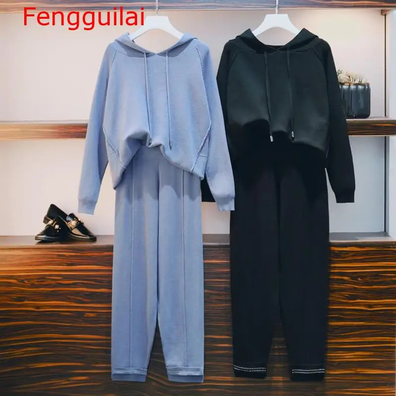 

Spring Women Pant Suits Plus Size Blue Knitted Hooded Loose Sweater Tops + Casual Trousers Track Suits M-4XL