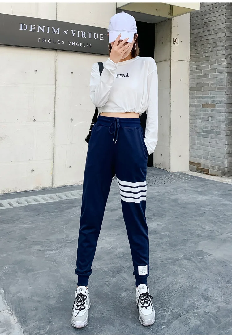 BIVIGAOS Four Bars Cotton Gray Sport Pants Women New Korean Casual Sweatpants Slim Joggers Pants Spring Autumn Sweat Pants