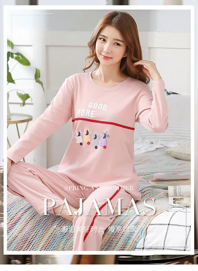 Большие размеры Sleepwear пижамы осенние хлопковые пижамы для женщин мультфильм пижамный комплект с длинным рукавом Женская Повседневная Свободная Ночная одежда домашняя одежда
