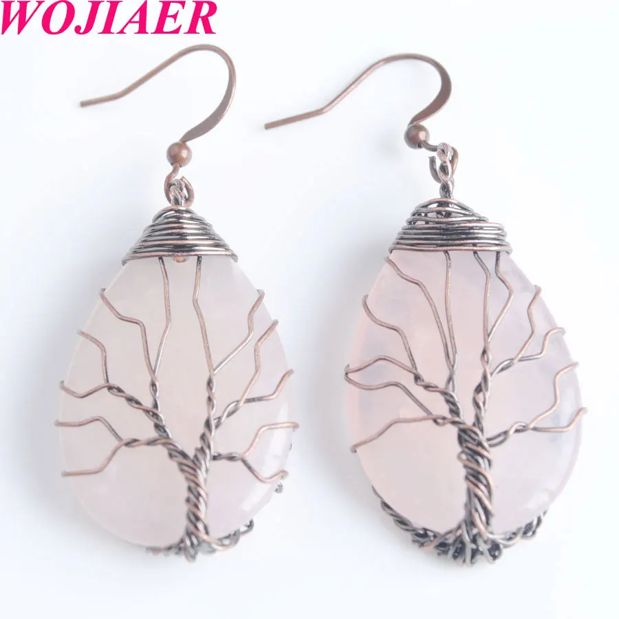 5Pair Rose Quartz WOJIAER Племенной Медь серьги висячие серьги в форме капли воды "Древо жизни" проволочный Обёрточная бумага в виде капель с кристаллами в форме Натуральный камень ювелирные изделия PBV910 - Окраска металла: 5Pair Rose Quartz