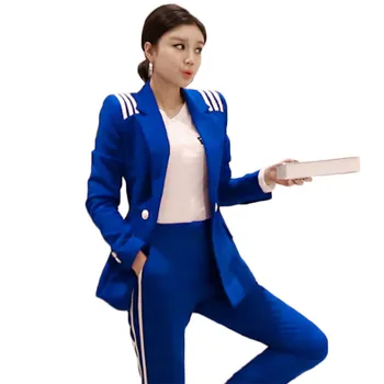 

Two Piece Sets Women Blue 2019 New Autumn England Blazer and Pants 2 Piece Set Fashion Temperament Slim Clothing Feminina LD1197