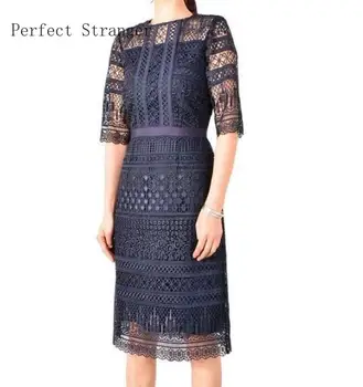 

Western Style High Quality Fashion Round Collar Lace Hollow-out Short Sleeve Women Slim Dress