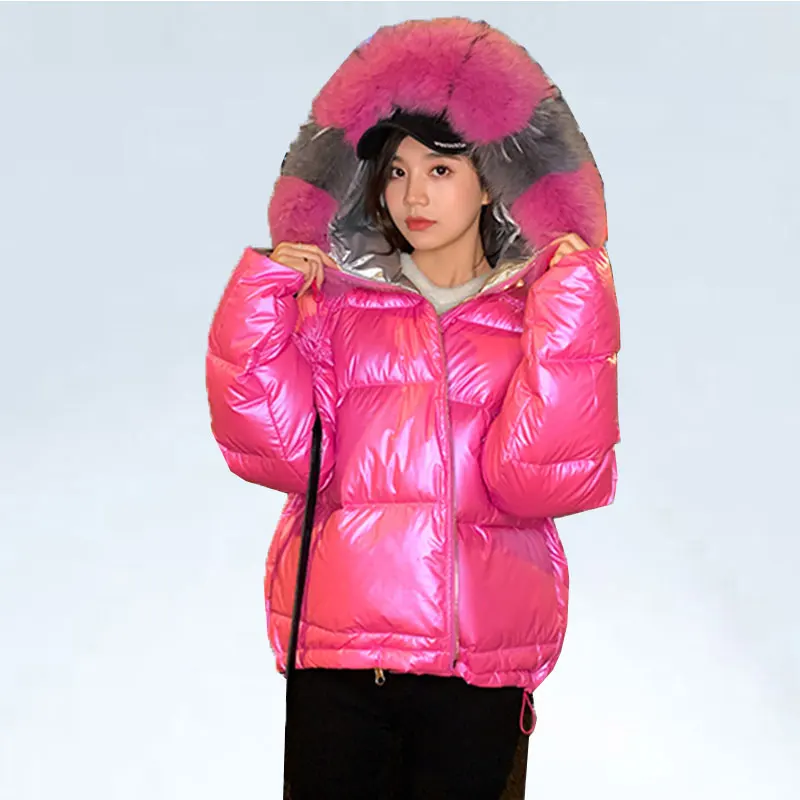 

Winter Jacket Wome White Duck Down Coat real fur coat natural fox fur collar Loose Hooded Short Coat Warm Down jacket student