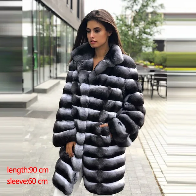 photo color YZ Future Natural Rex Rabbit Fur Coat Long Sleeve Chinchilla Color Fur Long Jackets Striped Pattern with Big Collar Warm coat - Цвет: photo color