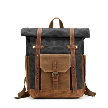 

NEW-Vintage Oil Waxed Canvas Leather Backpack Large Capacity Teenager Traveling Waterproof Daypacks 14 Inch Laptops Rucksack Bla