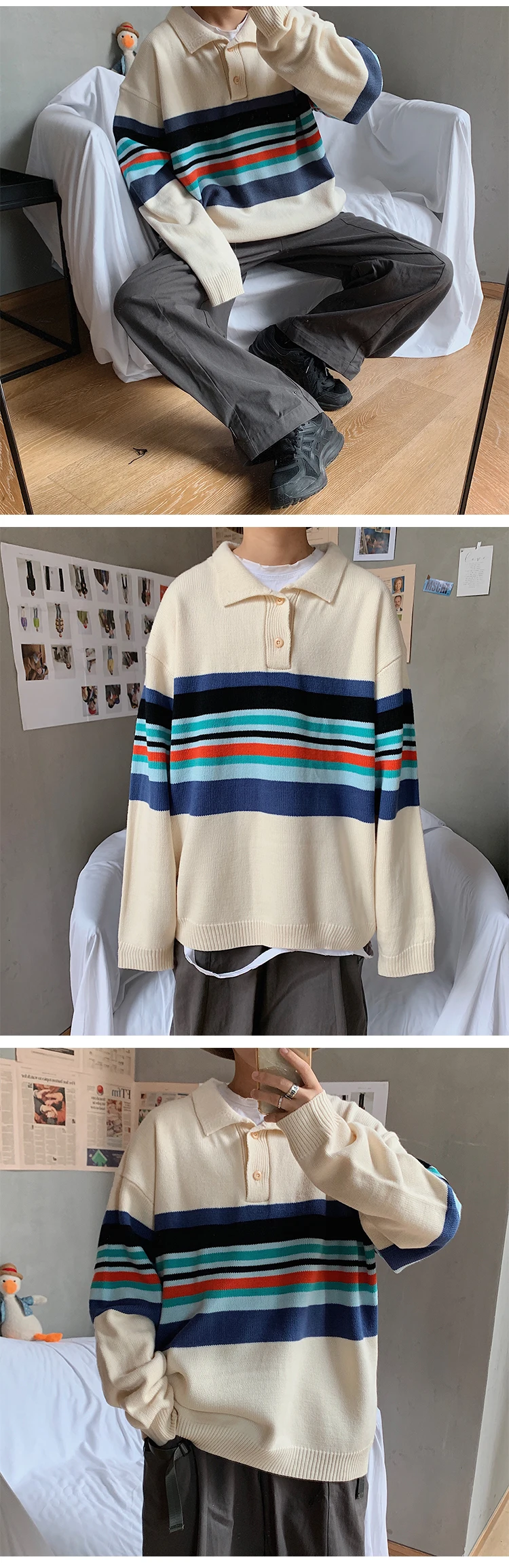 Autumn/winter new slimming color retro long-sleeve sweater loose casual round collar personality youth men's wear