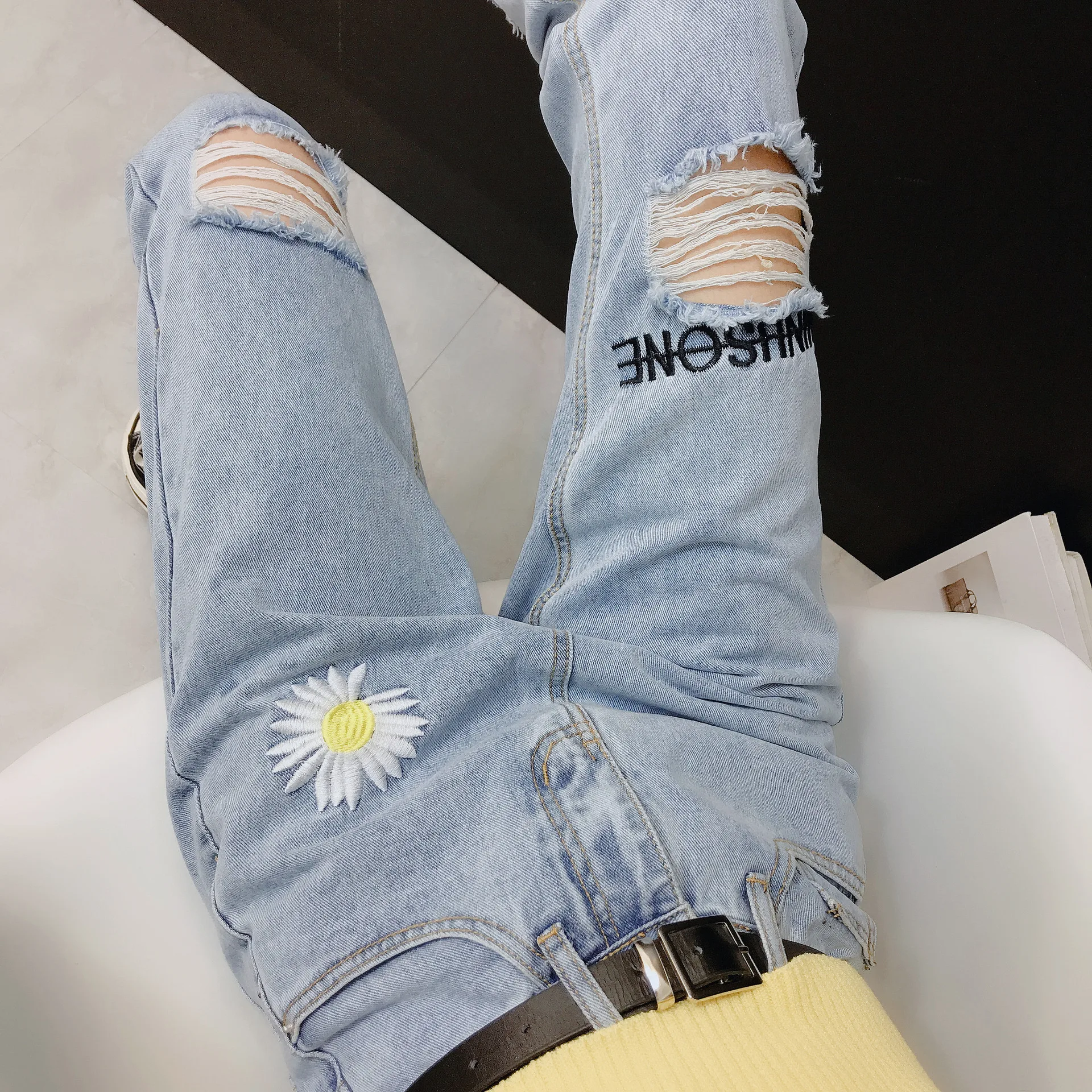 Jeans Woman High Waist Plus Size Holes Fat Mm 100KG Loose Thin Harem Ankle-Length Pants Jeans Women 2020