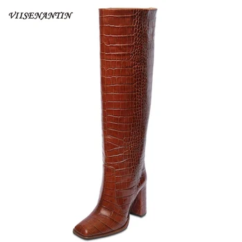 

New Fashion Brown Crocodile Print Women's Mid-calf Boots European America Square Toe Slip-on Solid Handmade Trendy Short Boots