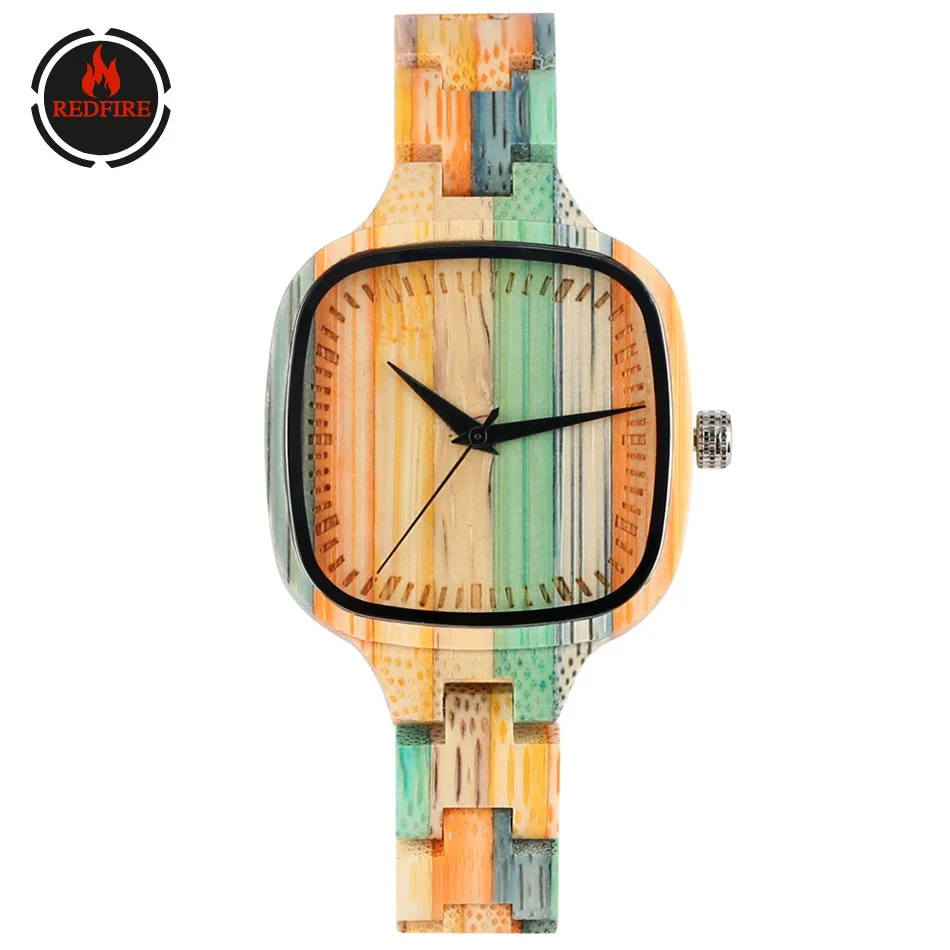 

REDFIRE Ladies Full Wooden Watch Square Colorful Simple Women's Watches Natural Bamboo Quartz Female Wristwatch Valentine Gifts