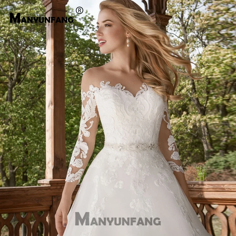 New Three Quarter Sleeve Wedding Dress Sheer Neck Vestido Boda And Back Hochzeitskleid Crystals Sashes Bow Bridal Dresses