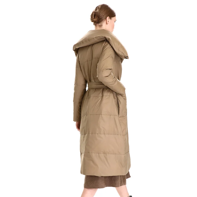

Khaki Color Long Style Loose Splicing Knee-Length Winter Warm Light White Duck Down Jacket Women Clothes Down Coats With Sashes