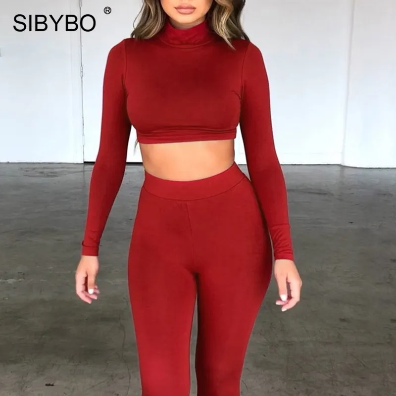 Красный SIBYBO Осенняя Водолазка сексуальный комплект из двух предметов для женщин с длинным рукавом с высокой талией женский топ и брюки комплект повседневный спортивный женский спортивный костюм - Цвет: Красный