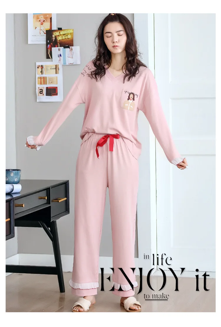 Autumn Women Comfortable Cotton Cute Pajama Set long Sleeve Sleepwear Suit Girl Print Pyjama Set Womens Nightshirt Sets