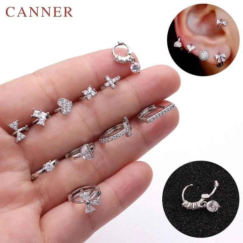 

1PC New Tiny Cartilage Hoop With Cubic Zirconia Cross Flower Heart Bow Small Tragus Hoop Earrings Helix Piercing Jewelry