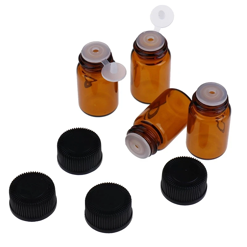 100pcs 1ml 2ml 3ml 5ml Drams Amber Glass Bottle With Plastic Lid Insert Essential Oil Glass Vials Perfume Sample Test Bottle