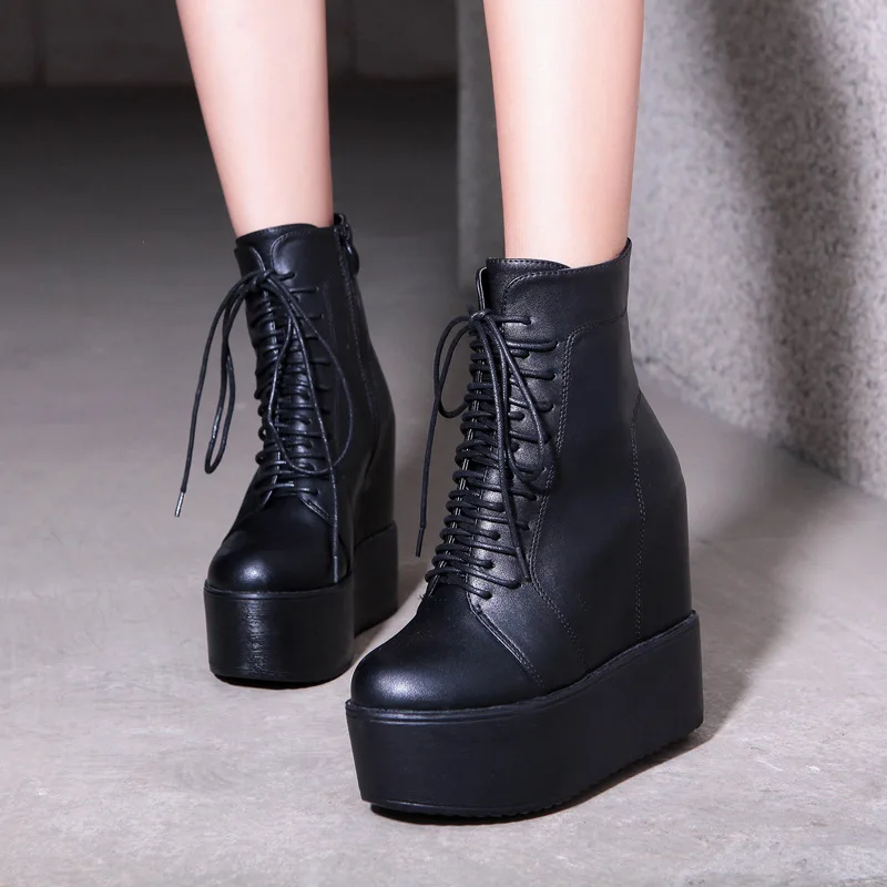 

High Heel Boots Lace Up Shoes Luxury Designer Martins For Women Rivets Booties Ladies Bootee Woman 2019 Round Toe Heels Lolita