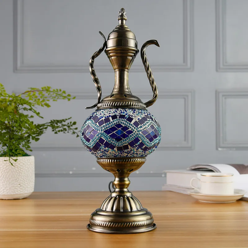 Turkish Style Exotic Retro Glass Decorative Table Lamp Coffee Pot Living Room Bedroom Bedside Led Night Light