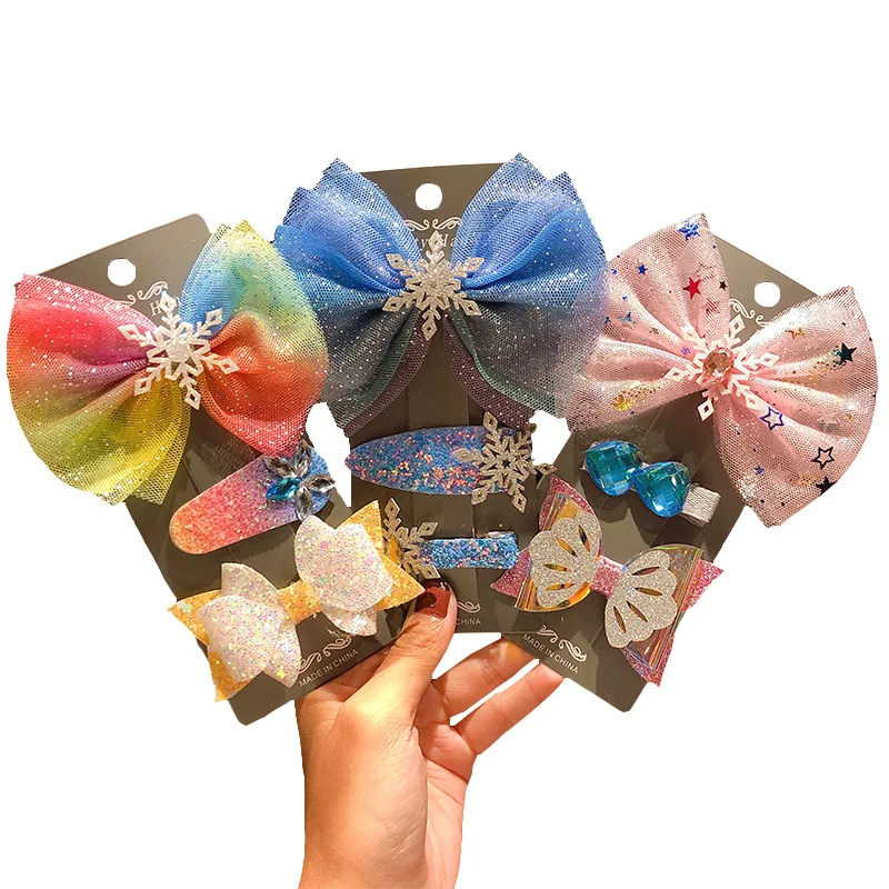 

3/4Pcs/Set Princess Hair Accessories Set Children Cute Bow Snow Yarn Hairpin Beautiful Princess Hairdress Girl Hairpin Gift Set