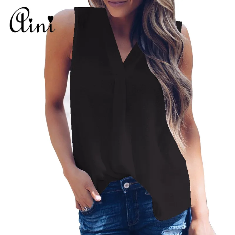 Plus Size 5XL Women Blouse and Tops Summer Top Casual Loose Sleeveless Solid V-neck Chiffon Blouses Female Shirts Vest Blusa